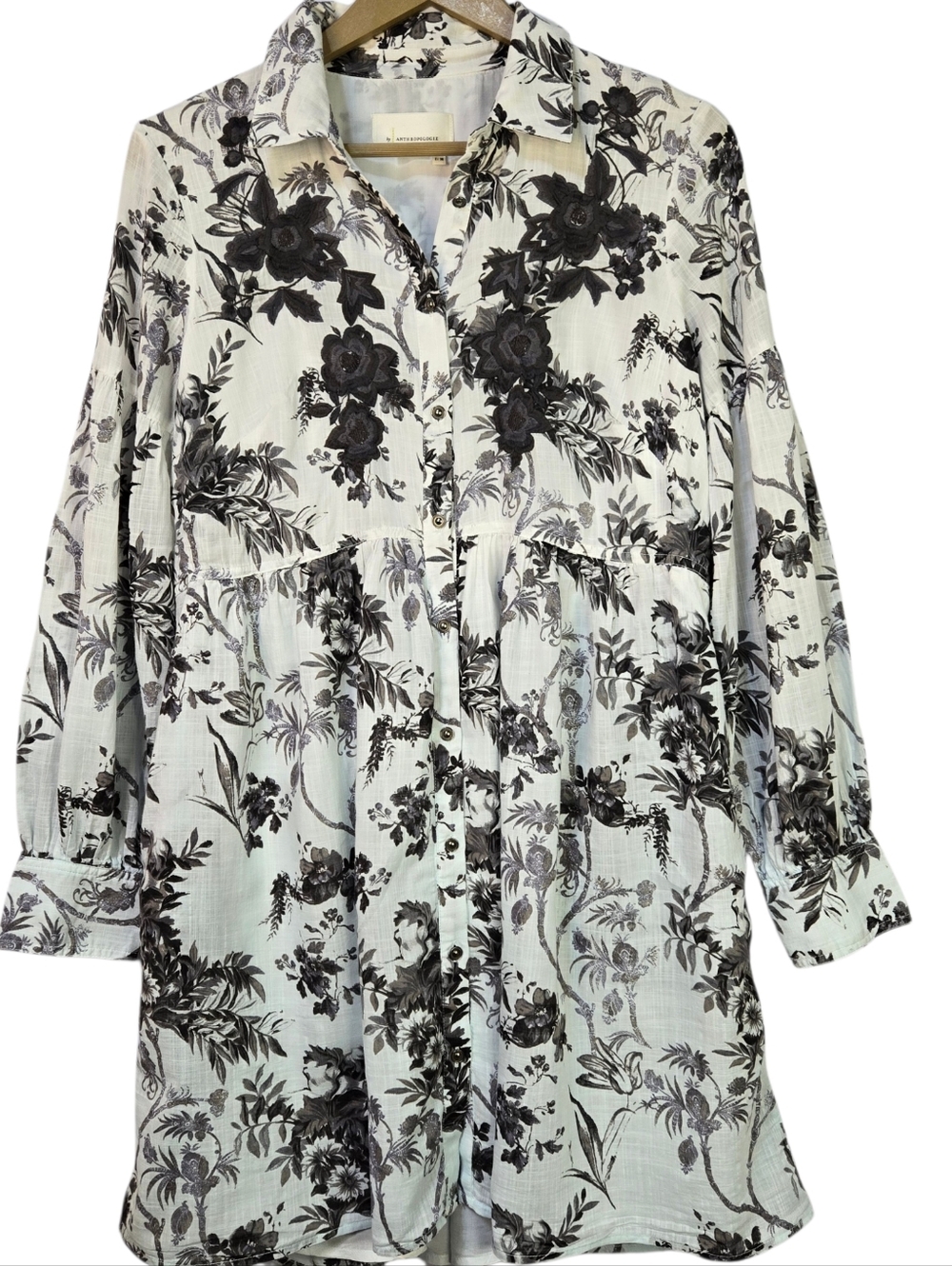 ANTHROPOLOGIE Size 6 Floral Button Up Tunic Dress B&W, Graduated Shades Lt. Blue